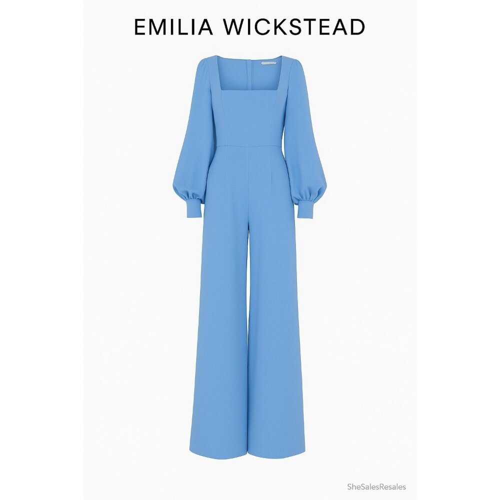 Emilia Wickstead Pattie Jumpsuit  Celeste Blue Long Sleeves UK8 US6 Wide Leg NWT
